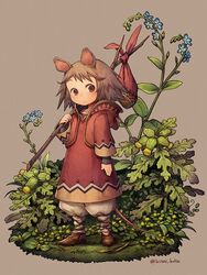  animal_ears bindle blue_flower brown_background brown_eyes brown_footwear brown_hair expressionless female flower full_body holding hood hood_down kiitos leaf long_sleeves medium_hair mini_person minigirl mouse_ears mouse_girl mouse_tail original shoes solo standing tail twitter_username yellow_flower 