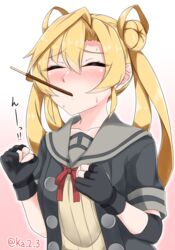  abukuma_(kancolle) abukuma_kai_ni_(kancolle) bad_id bad_pixiv_id black_gloves black_jacket blonde_hair blush closed_eyes double_bun female food food_in_mouth gloves hair_between_eyes hair_bun hair_rings highres ibuki_grunt incoming_pocky_kiss jacket kantai_collection long_hair mouth_hold neck_ribbon partially_fingerless_gloves pocky_day red_ribbon ribbon short_sleeves solo upper_body 