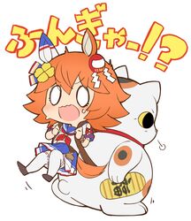  alternate_eye_symbol animal_ears backpack bag bead_bracelet beads blank_eyes blush bracelet chibi clothing_cutout clover_hair_ornament coin daruma_doll ema female gold hair_ornament highres holding_strap horse_ears horse_girl horse_tail jewelry koban_(gold) looking_at_viewer maneki-neko matikanefukukitaru_(umamusume) midriff_peek motion_lines neckerchief nihudau open_mouth orange_hair outstretched_arm pleated_skirt puff_of_air red_neckerchief sailor_collar school_uniform serafuku shoulder_cutout simple_background skirt smile solo strap sweat tail translation_request umamusume v-shaped_eyebrows white_background white_legwear yellow_eyes 