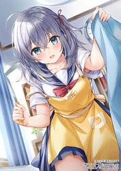  ahoge apron blanket blue_eyes blush bookshelf female grey_hair hair_ornament hairclip higeneko ladle morning one_side_up open_mouth original quilt school_uniform serafuku skirt smile 