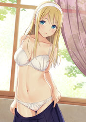  bangs banned_artist bare_arms bare_shoulders blonde_hair blue_eyes blue_skirt bow bow_bra bow_panties bra breasts cleavage collarbone curtains eyebrows_behind_hair female groin hairband indoors long_hair looking_at_viewer medium_breasts n.g. navel original panties parted_lips pleated_skirt pulled_by_self skirt skirt_pull solo standing thigh_gap transparent underwear white_bra white_hairband white_panties window 