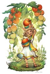  bangle bracelet cherry_tomato commentary_request dress female food food_on_head fruit fruit_on_head full_body highres jewelry kiitos leaf looking_at_viewer mini_person minigirl mouse_girl object_on_head open_mouth original plant sandals sleeveless sleeveless_dress smile solo standing tomato twitter_username water white_background white_dress 