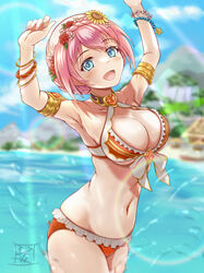  absurdres armlet armpits arms_up beach bikini blue_eyes bracelet braid breasts female flower hair_flower hair_ornament highres jewelry large_breasts maoo-san outdoors pink_hair princess_connect! red_bikini red_flower red_rose rose short_hair smile sunflower sunflower_hair_ornament sunlight swimsuit yui_(princess_connect!) yui_(summer)_(princess_connect!) 