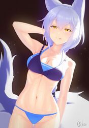  :q animal_ears arknights arm_behind_head arm_up bare_shoulders bikini black_background blue_bikini braid breasts cleavage collarbone commentary_request cowboy_shot female gloves grey_hair groin hair_between_eyes half-closed_eyes highres large_tail layered_bikini licking_lips light_blush long_hair looking_at_viewer medium_breasts navel ochako_(kemomimiochanu) official_alternate_costume partial_commentary provence_(arknights) provence_(casual_vacation)_(arknights) purple_bikini sidelocks signature simple_background smile solo standing stomach swimsuit tail tongue tongue_out wolf_ears wolf_tail yellow_eyes 