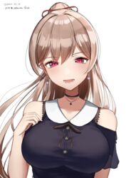  :d absurdres bare_shoulders black_choker black_ribbon black_shirt blush breasts brown_hair choker clothing_cutout collarbone collared_shirt commentary_request dated earrings female furen_e_lustario furen_e_lustario_(2nd_costume) hair_between_eyes hand_up high_ponytail highres hirota_fruit jewelry large_breasts long_hair looking_at_viewer nijisanji open_mouth ponytail red_eyes ribbon shirt shoulder_cutout simple_background smile solo star_(symbol) twitter_username upper_body virtual_youtuber white_background 