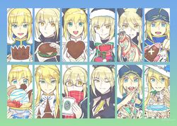  6+girls absurdres ahoge artoria_pendragon_(alter_swimsuit_rider)_(fate) artoria_pendragon_(alter_swimsuit_rider)_(third_ascension)_(fate) artoria_pendragon_(fate) artoria_pendragon_(lancer)_(fate) artoria_pendragon_(swimsuit_archer)_(fate) artoria_pendragon_(swimsuit_archer)_(third_ascension)_(fate) artoria_pendragon_(swimsuit_ruler)_(fate) artoria_pendragon_(swimsuit_ruler)_(second_ascension)_(fate) baseball_cap blonde_hair border bullet burger cake candy card chocolate christmas_stocking coffee_mug commentary_request crown cup fate/grand_order fate/stay_night fate/unlimited_codes fate_(series) food glasses gradient_border green_eyes hat heart heart-shaped_chocolate highres ice_cream mug multiple_girls mysterious_heroine_x_(fate) mysterious_heroine_x_alter_(fate) mysterious_heroine_x_alter_(first_ascension)_(fate) mysterious_heroine_xx_(fate) one_eye_closed playing_card saber_(fate) saber_alter saber_lily santa_alter santa_hat scarf shayubi smile sun_hat tiara twitter_username valentine yellow_eyes 