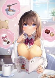  bad_id bad_twitter_id bed bed_sheet bedroom book bow bowtie breasts brown_hair cardigan_vest chocolate coaster collared_shirt commentary_request cookbook cookie crossed_bangs cup day female food hawawa-chan_(shiro_kuma_shake) highres indoors large_breasts medium_hair original plant plate potted_plant purple_eyes red_bow red_bowtie school_uniform shiro_kuma_shake shirt sitting solo spoon stuffed_animal stuffed_toy teddy_bear thinking valentine white_shirt window 