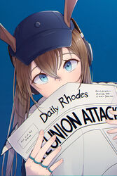  absurdres amiya_(arknights) amiya_(newsgirl)_(arknights) animal_ears arknights bad_id bad_pixiv_id blue_background blue_eyes blue_hat brown_hair commentary english_text female hair_between_eyes hank_(gogaek) hat headphones highres holding holding_paper jewelry korean_commentary long_hair looking_at_viewer official_alternate_costume paper rabbit_ears ring sidelocks simple_background solo thumb_ring upper_body 