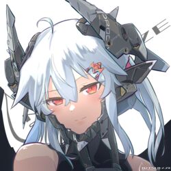  ahoge bare_shoulders chin_guard closed_mouth collarbone commentary_request female hair_between_eyes hair_ornament hairclip headgear looking_at_viewer mecha_musume medium_hair natsukaze_shigure oerba_yun_fang original raised_eyebrow red_eyes skin_fang slit_pupils smile solo white_background white_hair 