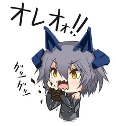  ace_combat ace_combat_x2 chibi commentary eating female gaf-1 grey_hair hair_between_eyes headgear mecha_musume meme open_mouth oreo personification short_hair simple_background solo tom-neko_(zamudo_akiyuki) translated white_background yellow_eyes 