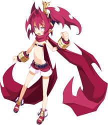  belt bracelet clenched_hands cosplay crown demon_girl disgaea disgaea_rpg female flat_chest full_body hair_intakes harada_takehito highres jewelry laharl laharl_(cosplay) long_hair navel no_pupils non-web_source o-ring o-ring_top oerba_yun_fang official_art open_mouth petta_(phantom_kingdom) photoshop_(medium) pointy_ears red_hair red_scarf scarf shorts solo transparent_background twintails white_eyes 