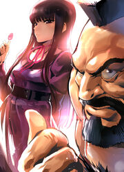  1boy aged_up backlighting bad_id bad_pixiv_id beard belt black_eyes black_hair candy chest_hair dress facial_hair female food high_score_girl highres hime_cut ikuchan_kaoru lens_flare light_particles lollipop long_hair looking_at_viewer mohawk oono_akira pointing street_fighter zangief 