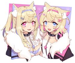  2girls :d animal_ear_fluff animal_ears bandaid bandaid_hair_ornament belt_collar black_collar blonde_hair blue_eyes blue_hair blush breasts center_frills chains cleavage collar collarbone commentary_request cropped_torso crossed_bangs detached_collar dog_ears dog_girl fangs flat_chest frills fur-trimmed_jacket fur_trim fuwawa_abyssgard fuwawa_abyssgard_(1st_costume) hair_ornament hair_over_shoulder hairband hairclip headphones headphones_around_neck highres hololive hololive_english jacket large_breasts long_hair looking_at_viewer mococo_abyssgard mococo_abyssgard_(1st_costume) multicolored_background multicolored_hair multiple_girls naekam open_mouth pink_eyes pink_hair pink_hairband ponytail purple_hairband shirt short_hair siblings side-by-side sidelocks sisters skin_fangs smile spiked_collar spikes streaked_hair twins two_side_up virtual_youtuber white_shirt x_hair_ornament 