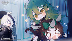  0_0 3girls ahoge animal_ears arknights black_jacket bow brown_gloves brown_hair bubble_(arknights) chibi chinese_commentary commentary_request copyright_name crocodilian_tail curtains d-pad d-pad_hair_ornament flower gavial_(arknights) gloves green_bow green_hair hair_between_eyes hair_ornament hairclip hiding highres holding holding_own_tail holding_syringe hood hood_up horn_bow horn_ornament horns indoors infection_monitor_(arknights) jacket long_hair multicolored_hair multiple_girls o_o official_art open_mouth panicking partially_fingerless_gloves pointy_ears rhinoceros_ears rhinoceros_girl single_horn smile streaked_hair sweatdrop syringe tail tears tomimi_(arknights) watermark white_gloves white_hair wristband yellow_eyes 