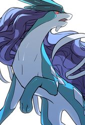  buntatta from_below highres leg_up looking_at_viewer no_humans open_mouth pink_eyes pokemon pokemon_(creature) simple_background solo suicune toes white_background 