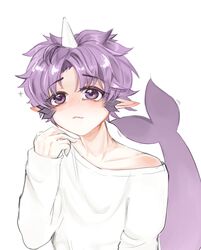  1boy :3 absurdres cetacean_tail fish_tail highres horns indie_virtual_youtuber long_sleeves looking_up male_focus narwhal oerba_yun_fang pale_skin pointy_ears purple_eyes purple_hair sevenine shirt single_horn tail tearing_up uncertain88 virtual_youtuber white_background white_shirt 