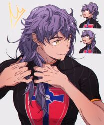  1boy champion_uniform commentary_request dark-skinned_male dark_skin facial_hair grey_background korean_commentary lemonmelon00 leon_(pokemon) long_hair male_focus open_mouth parted_lips pokemon pokemon_swsh purple_hair shirt short_sleeves smile sparkle yellow_eyes 