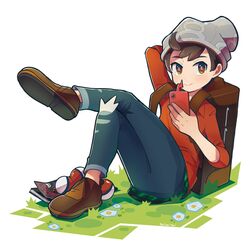  1boy bad_id bad_twitter_id beanie bo9_(bo9_nc) brown_eyes brown_footwear brown_hair cable_knit closed_mouth commentary_request crossed_legs denim grass grey_hat hat highres holding jeans light_blush male_focus pants plaid poke_ball poke_ball_(basic) pokemon pokemon_(creature) pokemon_swsh red_shirt rotom rotom_phone shirt shoes sitting sleeves_rolled_up smile solo suitcase swept_bangs torn_clothes torn_jeans torn_pants victor_(pokemon) 