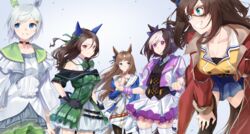  5girls absurdres animal_ears bad_id bad_pixiv_id black_gloves blue_eyes breasts brown_hair cleavage clenched_hands coat commentary cropped_jacket dress el_condor_pasa_(umamusume) gloves golden_generation_(umamusume) grass_wonder_(umamusume) green_dress grin hair_ornament hairclip hand_on_own_hip highres horse_ears horse_girl horse_tail king_halo_(umamusume) long_hair multiple_girls pantyhose pleated_skirt purple_eyes red_coat red_eyes seiun_sky_(umamusume) skirt smile special_week_(umamusume) tail tamayume thighhighs umamusume white_hair wrist_cuffs 