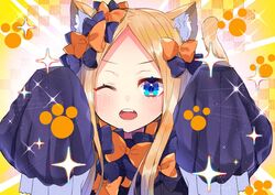  abigail_williams_(fate) akirannu animal_ear_fluff animal_ears black_bow blonde_hair blue_eyes bow cat_ears cat_tail commentary_request d; emotional_engine_-_full_drive fate/grand_order fate_(series) female hairbow long_hair looking_at_viewer multiple_bows one_eye_closed open_mouth orange_bow parted_bangs sleeves_past_fingers sleeves_past_wrists solo tail teeth upper_teeth_only 