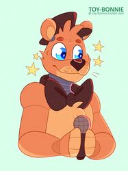  2020 animatronic anthro bear blue_eyes brown_body brown_fur clothing electronics eyebrows fingers five_nights_at_freddy&#039;s freddy_(fnaf) fur green_background hat head_tuft headgear headwear hi_res holding_object machine male mammal microphone robot scottgames simple_background smile solo star toy-bonnie tuft 