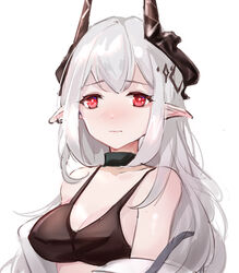  arknights bare_shoulders black_bra black_choker bra breasts choker cleavage commentary_request female horns infection_monitor_(arknights) long_hair looking_at_viewer medium_breasts mudrock_(arknights) mudrock_(elite_ii)_(arknights) pointy_ears qianzhu red_eyes simple_background solo underwear upper_body white_background white_hair 