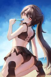  absurdres ass back beach bikini bikini_skirt black_bikini blue_sky brown_hair cloud commentary day female flower-shaped_pupils food food_in_mouth from_behind genshin_impact highres holding holding_food hu_tao_(genshin_impact) long_hair looking_at_viewer looking_back neit_ni_sei outdoors popsicle popsicle_in_mouth red_eyes sandals sky solo swimsuit symbol-shaped_pupils thighs twintails very_long_hair wet 