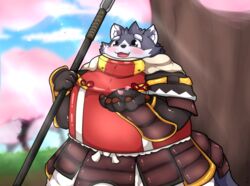  2020 anthro armor blush canid canine canis domestic_dog harima hi_res humanoid_hands kusosensei mammal outside overweight overweight_anthro solo tamacolle 