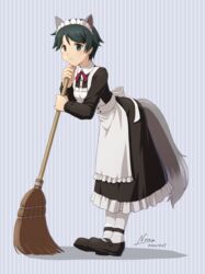  alternate_costume animal_ears black_dress black_eyes black_footwear black_hair broom commentary_request dated dress enmaided female full_body kantai_collection maid mary_janes mogami_(kancolle) nao_(nao_eg) shoes short_hair signature solo standing striped striped_background swept_bangs tail white_legwear wolf_ears wolf_tail 