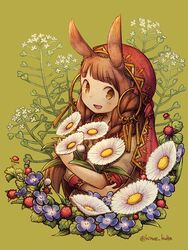  animal_ears blue_flower braid brown_hair commentary_request female flower green_background holding holding_flower kiitos leaf long_sleeves looking_at_viewer open_mouth original plant rabbit_ears red_flower red_headwear short_sleeves simple_background smile solo twin_braids twintails twitter_username white_flower 