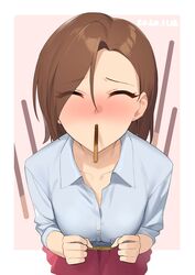  absurdres belt blue_shirt blush breasts brown_hair closed_eyes collarbone commentary_request dated eyes_visible_through_hair female food forehead highres idolmaster idolmaster_cinderella_girls incoming_pocky_kiss medium_breasts mizuki_seira nose_blush onao pink_skirt pleated_skirt pocky pocky_day pocky_kiss shirt skirt solo swept_bangs 