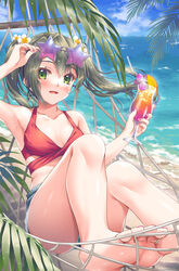  :d alternate_costume armpits barefoot beach bikini bikini_top_only blue_sky breasts collarbone comiket_102 commentary_request cup dark_green_hair denim denim_shorts eyewear_on_head feet female flower foreshortening green_eyes hair_flower hair_ornament hammock highres holding holding_cup kantai_collection long_hair looking_at_viewer minakami_nagara nail_polish ocean outdoors palm_leaf pink_nails red_bikini removing_eyewear shorts sky small_breasts smile soles solo star-shaped_eyewear star_(symbol) sunglasses swimsuit toenail_polish toenails toes tropical_drink twintails zuikaku_(kancolle) 