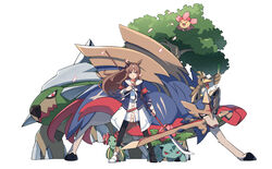  absurdres animal_ears asymmetrical_footwear bad_id bad_pixiv_id bellossom blue_eyes bow brown_eyes brown_hair cherrim cherrim_(sunshine) commentary crossover english_commentary farfetch&#039;d female food fuyukayui grass_wonder_(umamusume) hairbow hand_on_own_chest highres holding holding_another&#039;s_leg holding_food holding_polearm holding_vegetable holding_weapon horse_ears horse_girl horse_tail ivysaur mismatched_footwear mouth_hold naginata pokemon pokemon_(creature) polearm red_eyes simple_background spring_onion sword tail torterra trait_connection tree umamusume vegetable weapon white_background wind zacian zacian_(crowned) 