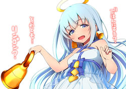  :d bare_arms bare_shoulders bell bell_earrings bellringer_angel blue_dress blue_eyes blue_hair breasts criss-cross_halter dress earrings female fingernails halo halterneck hands_up holding holding_bell jewelry long_hair looking_at_viewer open_mouth santa_(sunflower) shadowverse simple_background small_breasts smile solo translated white_background 