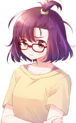  absurdres bangs_pinned_back brown_eyes female glasses godzilla_(series) godzilla_singular_point highres kamino_mei medium_hair nyaa_(nnekoron) shirt solo t-shirt upper_body wavy_mouth white_background 