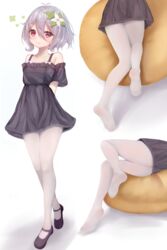  antenna_hair bare_shoulders black_dress black_footwear blush bow closed_mouth commentary double-parted_bangs dress feet female flower full_body grey_hair hair_between_eyes hair_flower hair_ornament highres irokari kokkoro_(princess_connect!) legs lower_body multiple_views no_shoes off-shoulder_dress off_shoulder pantyhose princess_connect! red_eyes short_hair smile soles white_background white_bow white_pantyhose 