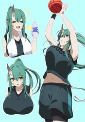  +++ :o =_= alternate_costume arknights armpits arms_up ball bare_shoulders basketball basketball_(object) basketball_uniform bike_shorts black_shorts blue_background blush bottle bouncing_breasts breasts female hair_between_eyes highres holding holding_bottle horns hoshiguma_(arknights) huge_breasts long_hair looking_at_viewer looking_up makino midriff_peek multiple_views navel open_mouth parted_lips ponytail shorts shorts_under_shorts sidelocks simple_background skin-covered_horns sleeveless sportswear sweat sweatband towel towel_around_neck unaligned_breasts yellow_eyes 