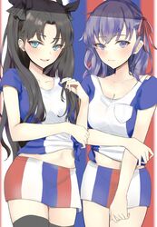  2girls :d alternate_costume arm_across_chest bad_id bad_twitter_id black_bow black_hair black_thighhighs blue_eyes blush bow breast_pocket breasts cleavage collarbone commentary_request cowboy_shot fate/stay_night fate_(series) hair_ribbon hairbow highres ka1se1 large_breasts long_hair looking_at_viewer matou_sakura medium_breasts multiple_girls open_mouth parted_bangs pink_ribbon pocket purple_eyes purple_hair red_ribbon ribbon shirt short_sleeves siblings sisters skirt smile sportswear striped_background striped_clothes striped_skirt thighhighs tied_shirt tohsaka_rin two-tone_shirt two_side_up vertical-striped_clothes vertical-striped_skirt zettai_ryouiki 