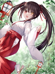  :d alternate_costume asle asymmetrical_hair black_hair blurry blurry_background breasts chinese_commentary clock_eyes commentary_request date_a_live depth_of_field dutch_angle female hair_ribbon hakama hakama_skirt heterochromia japanese_clothes kimono lantern long_hair looking_at_viewer miko open_mouth red_eyes red_hakama red_ribbon ribbon sandals sidelocks skirt slippers smile socks solo standing standing_on_one_leg symbol-shaped_pupils tabi tokisaki_kurumi twintails white_kimono white_socks wide_sleeves wooden_lantern yellow_eyes zouri 