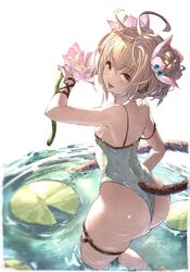  absurdres andira_(granblue_fantasy) andira_(summer)_(granblue_fantasy) animal_ears aqua_one-piece_swimsuit ass blonde_hair casual_one-piece_swimsuit double_bun erune female flower granblue_fantasy green_one-piece_swimsuit hair_bun hair_flower hair_ornament highleg highleg_swimsuit highres monkey_ears monkey_girl monkey_tail official_alternate_costume one-piece_swimsuit swimsuit tail yu_pian 