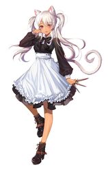  absurdres ahoge animal_ears bad_id bad_twitter_id black_footwear blush boots cat_ears cat_tail dark-skinned_female dark_skin female full_body harusame_(user_wawj5773) high_heel_boots high_heels highres holding holding_knife knife long_hair long_sleeves looking_at_viewer maid original parted_lips red_eyes simple_background smile solo tail teeth twintails upper_teeth_only white_background white_hair 