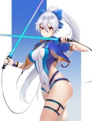  absurdres blue_background blue_bow blue_jacket blue_one-piece_swimsuit bow competition_swimsuit cropped_jacket crossed_swords dual_wielding energy_sword fate/grand_order fate_(series) female hair_between_eyes hairbow highleg highleg_swimsuit highres holding holding_sword holding_weapon jacket long_hair multicolored_clothes multicolored_swimsuit one-piece_swimsuit open_clothes open_jacket ponytail rausu_(undeadmachine) red_eyes short_sleeves smile solo striped_clothes striped_one-piece_swimsuit striped_wristband swimsuit sword thigh_strap tomoe_gozen_(fate) tomoe_gozen_(swimsuit_saber)_(fate) tomoe_gozen_(swimsuit_saber)_(first_ascension)_(fate) two-tone_background very_long_hair weapon white_background white_hair white_one-piece_swimsuit wristband 