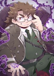  1boy absurdres arm_up boku002 book brown_hair formal glasses green_necktie green_suit grin hand_tattoo highres licht_(housamo) male_focus military military_uniform necktie red_eyes smile smirk solo suit tattoo teeth thick_eyebrows thighs throne tied_hair tokyo_afterschool_summoners uniform upper_body 