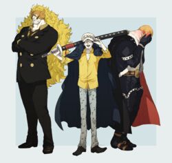  3boys absurdres alternate_costume beard big_hair blonde_hair blush boots closed_eyes closed_mouth collared_shirt cosplay covered_face crossed_arms diez_barrels embarrassed facial_hair facing_viewer formal full-face_blush full_body gloves hands_on_own_face hat height_difference highres holding holding_sword holding_weapon jacket law&#039;s_father_(one_piece) long_hair long_sleeves male_focus mature_male moustache multiple_boys necktie one_piece open_mouth over_shoulder pants sanji_(one_piece) sanji_(one_piece)_(cosplay) scabbard sheath sheathed shirt shiso_i4 shoes short_hair sideburns smile standing suit suit_jacket sword thigh_boots thighhighs trafalgar_law trafalgar_law_(cosplay) very_long_hair very_short_hair vinsmoke_judge weapon weapon_over_shoulder wing_collar x_drake x_drake_(cosplay) 