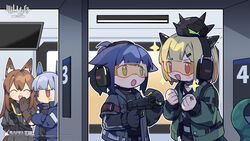  4girls :d :o ^_^ animal_ears arknights black_choker black_collar black_gloves black_jacket black_shirt black_skirt blacksteel_worldwide_(arknights) blonde_hair blue_hair blue_jacket brown_gloves brown_hair cat_ears chibi chinese_commentary choker clenched_hand closed_eyes collar commentary_request copyright_name covering_own_mouth creature_on_head crossed_arms dragon_girl dragon_horns dragon_tail extra_ears fox_ears franka_(arknights) gloves goggles green_eyes green_jacket gun hair_ornament hairclip hand_over_own_mouth handgun headphones highres holding holding_gun holding_weapon horns implied_extra_ears indoors infection_monitor_(arknights) jacket jessica_(arknights) jitome kuro_(arknights) liskarm_(arknights) long_hair looking_at_another multiple_girls official_art open_clothes open_jacket open_mouth originium_slug_(arknights) ponytail red_eyes shirt shooting_range skirt smile tail upper_body vanilla_(arknights) watermark weapon 