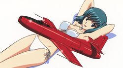  aircraft airplane aqua_hair bikini blue_eyes blue_sky breasts cleavage collarbone day female hair_ornament highres honjou_mikaze looking_at_viewer lying medium_breasts medium_hair official_art on_back sky solo stratos_4 swimsuit twintails vehicle_focus white_bikini yamauchi_noriyasu 