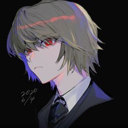  1boy black_background black_neckwear blonde_hair closed_mouth collared_shirt commentary dated frown hair_over_eyes highres hunter_x_hunter kurapika looking_away male_focus nima_(nimamann) portrait red_eyes shirt short_hair simple_background solo three_quarter_view white_shirt 