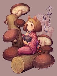  animal_ears brown_hair female finger_to_own_chin grey_background holding japanese_clothes kiitos kimono log long_sleeves mini_person minigirl mushroom original pink_kimono short_hair sitting solo twitter_username wide_sleeves 