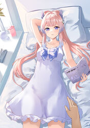  1boy arm_behind_head arm_up bare_arms bare_shoulders bed blue_hair book bow-shaped_hair breasts chahei collarbone day dress eyebrows_hidden_by_hair female frilled_dress frills genshin_impact gradient_hair highres holding holding_book indoors long_hair lying medium_breasts multicolored_hair on_back on_bed open_book out_of_frame parted_lips pillow pink_hair purple_eyes sangonomiya_kokomi short_eyebrows sleeveless sleeveless_dress solo_focus thick_eyebrows very_long_hair white_dress 