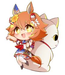  +_+ :d animal_ears backpack bag bead_bracelet beads blush bracelet chibi clothing_cutout clover_hair_ornament daruma_doll ema female hair_ornament highres holding_strap horse_ears horse_girl horse_tail jewelry looking_at_viewer maneki-neko matikanefukukitaru_(umamusume) neckerchief nihudau open_mouth orange_hair outstretched_arm pleated_skirt red_neckerchief sailor_collar school_uniform serafuku shoulder_cutout simple_background skirt smile solo strap tail umamusume v-shaped_eyebrows white_background white_legwear yellow_eyes 